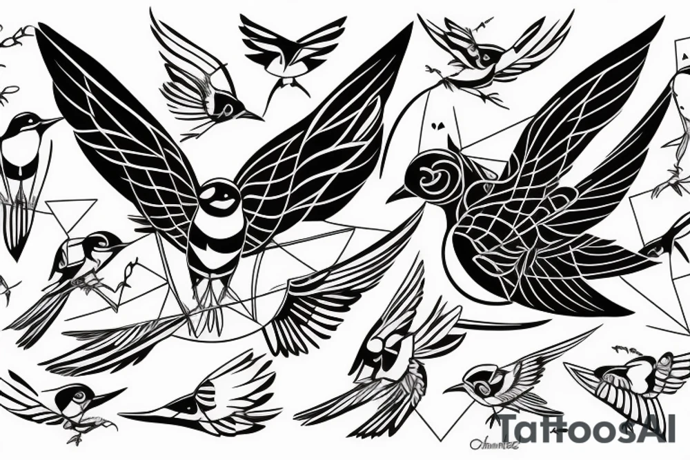 sketch geometric style robin bird mid-flight with spread wings, dynamic, small amount of red accent tattoo idea