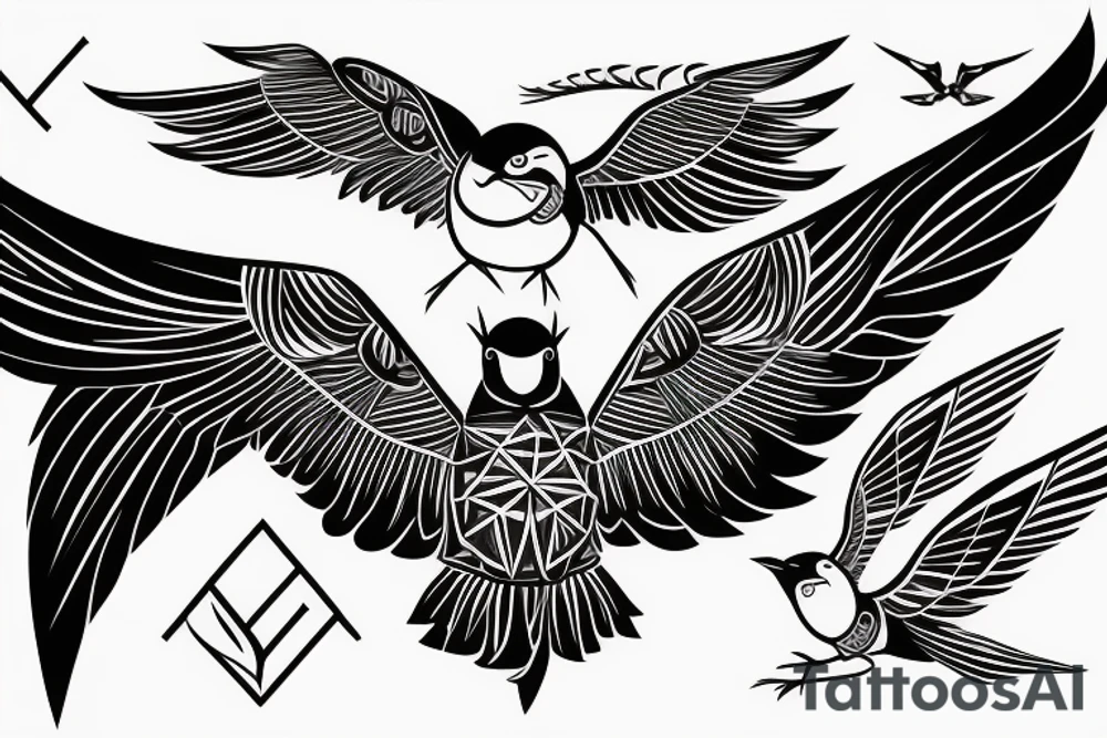sketch geometric style robin bird mid-flight with spread wings, dynamic, small amount of red accent tattoo idea