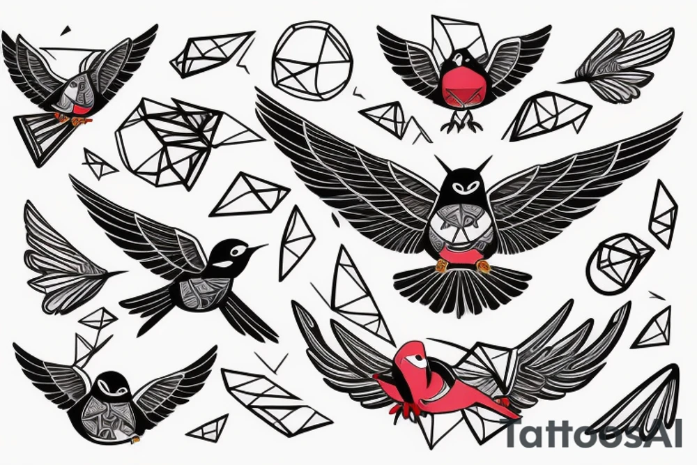 sketch geometric style robin bird mid-flight with spread wings, dynamic, small amount of red accent tattoo idea