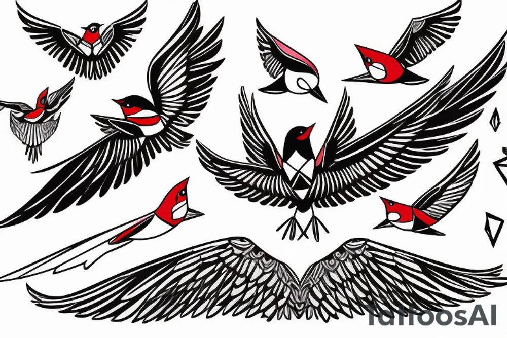 sketch geometric style robin bird mid-flight with spread wings, dynamic, small amount of red accent tattoo idea