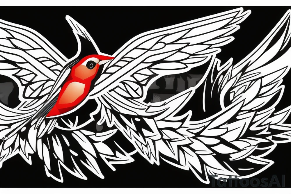 sketch geometric style robin bird mid-flight with spread wings, dynamic, small amount of red accent tattoo idea