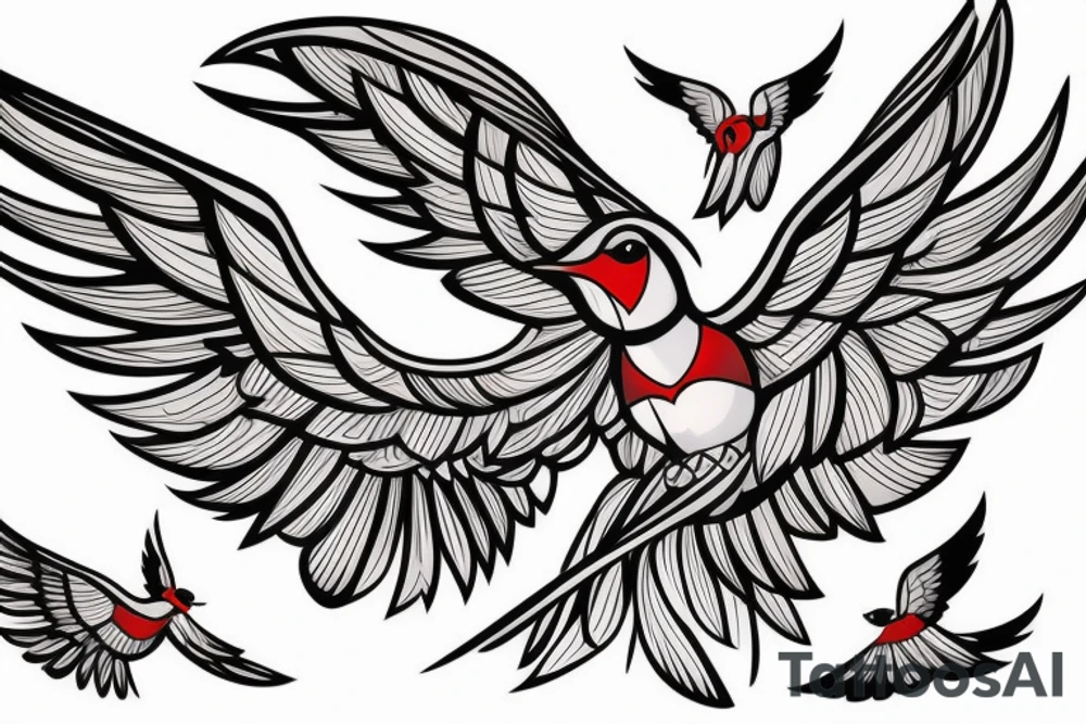 sketch geometric style robin bird mid-flight with spread wings, dynamic, small amount of red accent tattoo idea