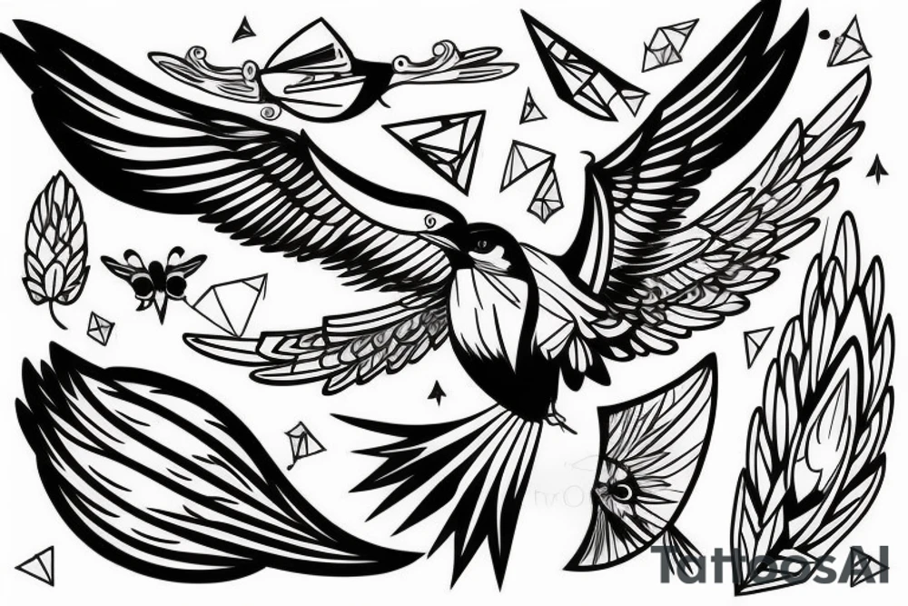 sketch geometric style robin bird mid-flight with spread wings, dynamic, small amount of red accent tattoo idea