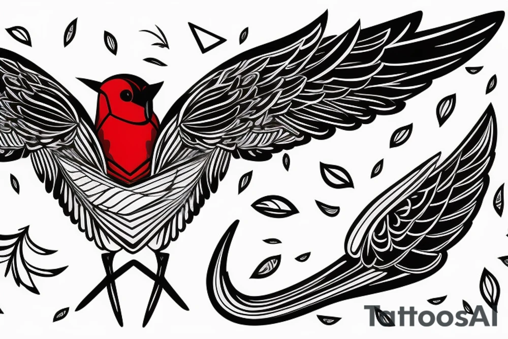 sketch geometric style robin bird mid-flight with spread wings, dynamic, small amount of red accent tattoo idea