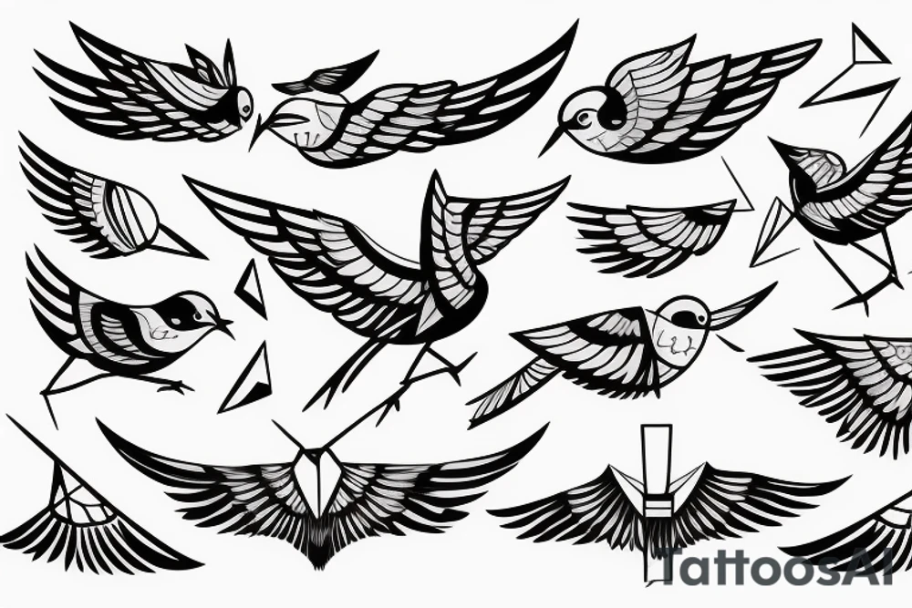 sketch geometric style robin bird mid-flight with spread wings, dynamic, small amount of red accent tattoo idea