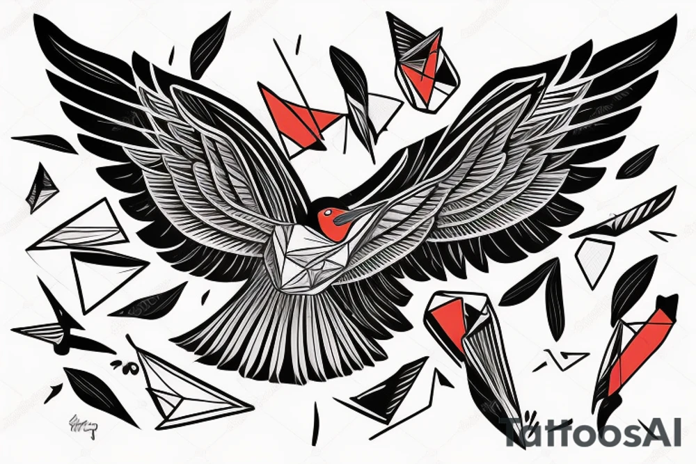 sketch geometric style robin bird mid-flight with spread wings, dynamic, small amount of red accent tattoo idea