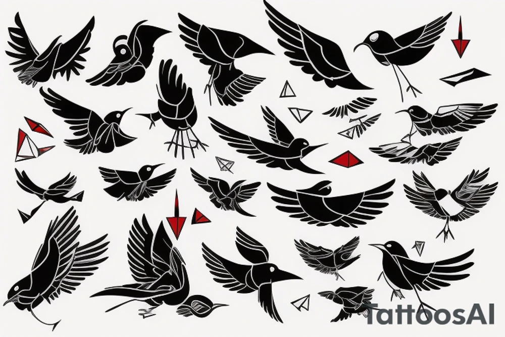 sketch geometric style robin bird mid-flight with spread wings, dynamic, small amount of red accent tattoo idea