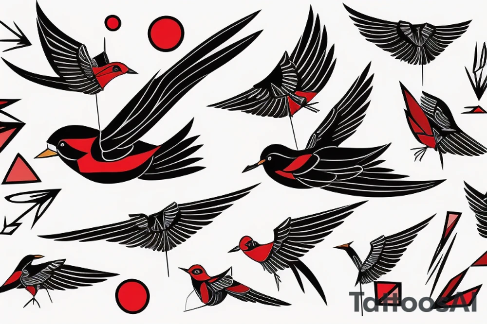 sketch geometric style robin bird mid-flight with spread wings, dynamic, small amount of red accent tattoo idea