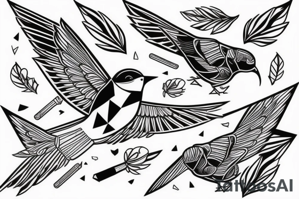 sketch geometric style robin bird mid-flight with spread wings, dynamic, small amount of red accent tattoo idea