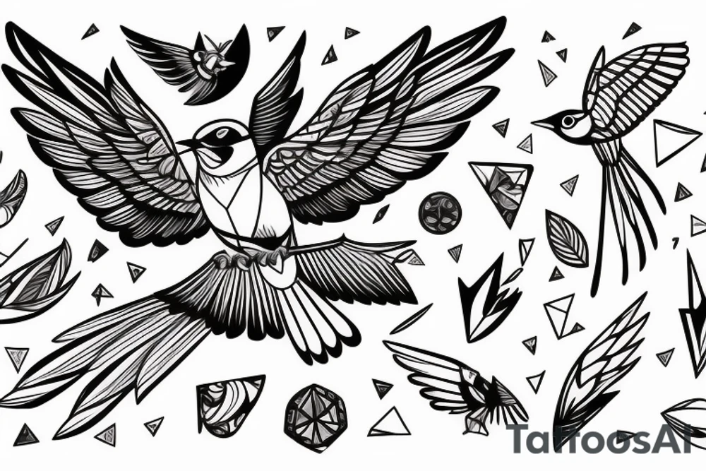 sketch geometric style robin bird mid-flight with spread wings, dynamic, small amount of red accent tattoo idea