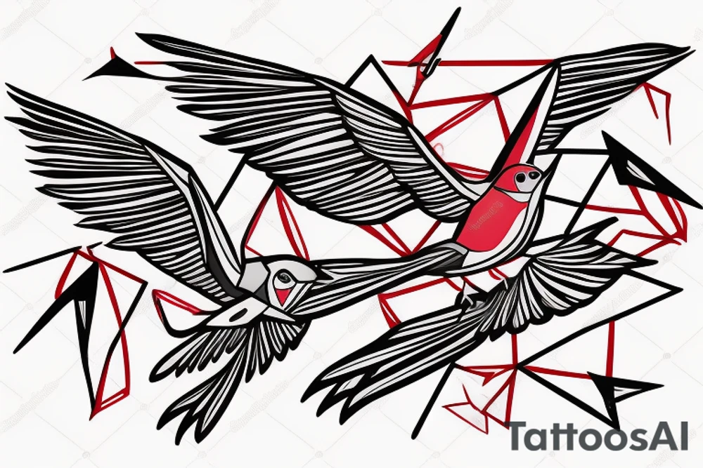 sketch geometric style robin bird mid-flight with spread wings, dynamic, small amount of red accent tattoo idea