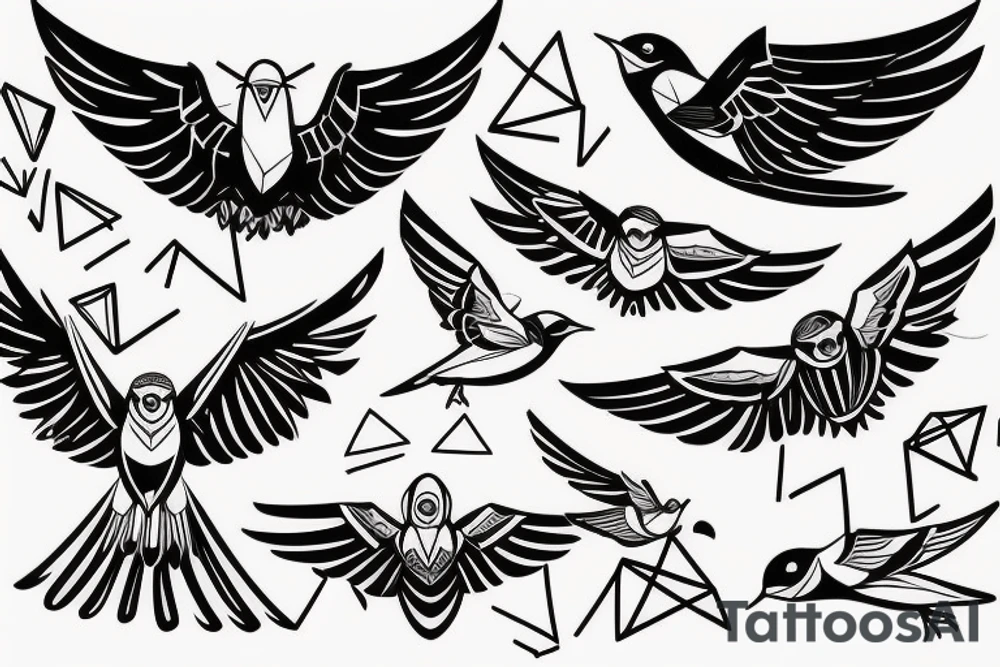 sketch geometric style robin bird mid-flight with spread wings, dynamic, small amount of red accent tattoo idea