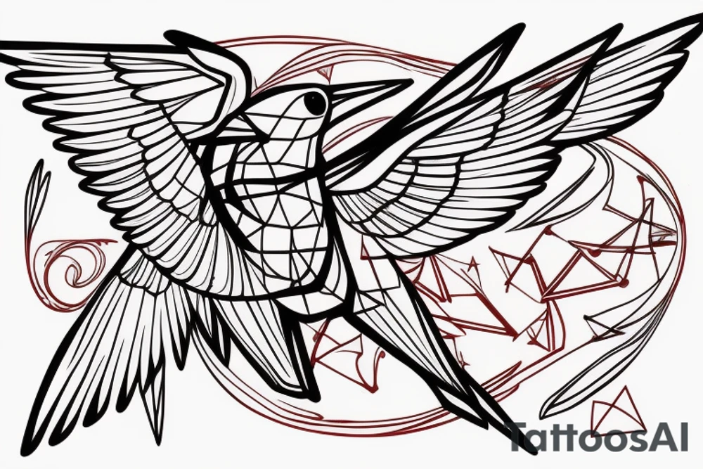 sketch geometric style robin bird mid-flight with spread wings, dynamic, small amount of red accent tattoo idea