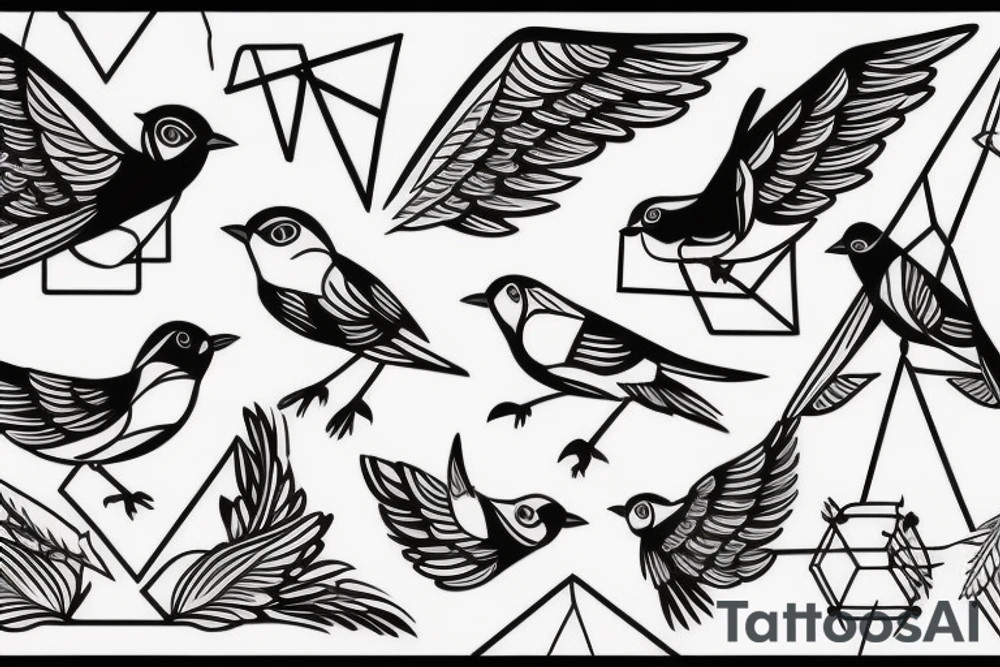 sketch geometric style robin bird mid-flight with spread wings, dynamic, small amount of red accent tattoo idea