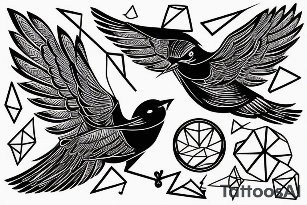 sketch geometric style robin bird mid-flight with spread wings, dynamic, small amount of red accent tattoo idea