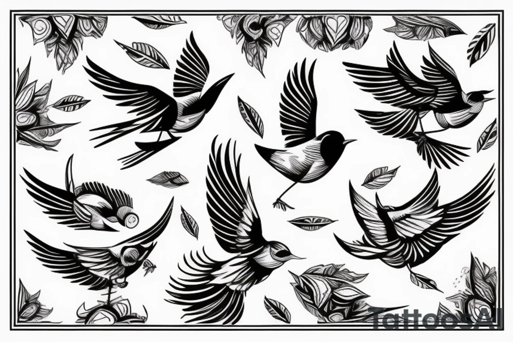 sketch geometric style robin bird mid-flight with spread wings, dynamic, small amount of red accent tattoo idea