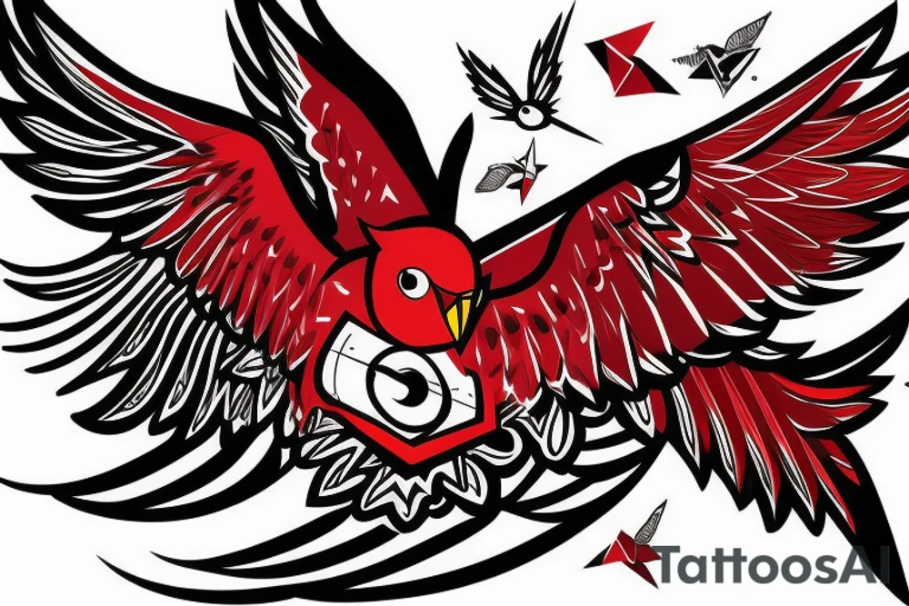 sketch geometric style robin bird mid-flight with spread wings, dynamic, small amount of red accent tattoo idea