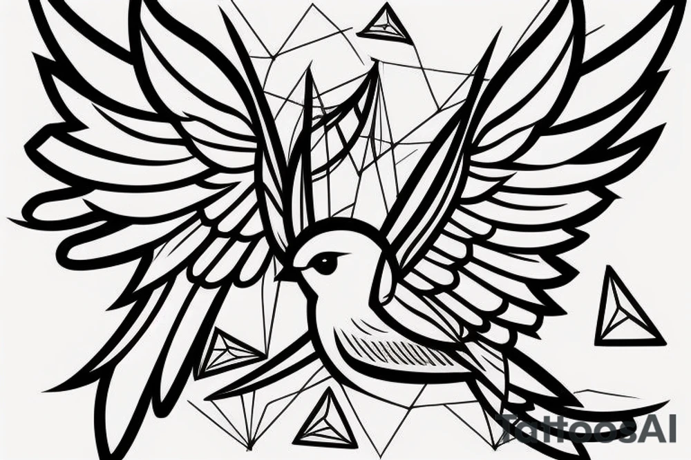 sketch geometric style robin bird mid-flight with spread wings, dynamic, small amount of red accent tattoo idea