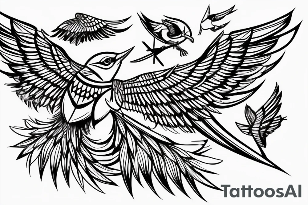 sketch geometric style robin bird mid-flight with spread wings, dynamic, small amount of red accent tattoo idea