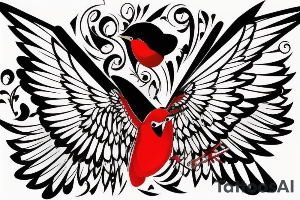 sketch geometric style robin bird mid-flight with spread wings, dynamic, small amount of red accent tattoo idea