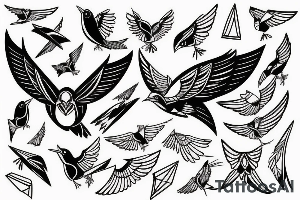 sketch geometric style robin bird mid-flight with spread wings, dynamic, small amount of red accent tattoo idea