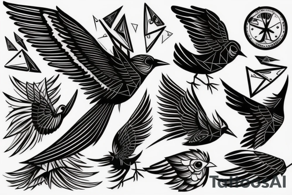 sketch geometric style robin bird mid-flight with spread wings, dynamic, small amount of red accent tattoo idea