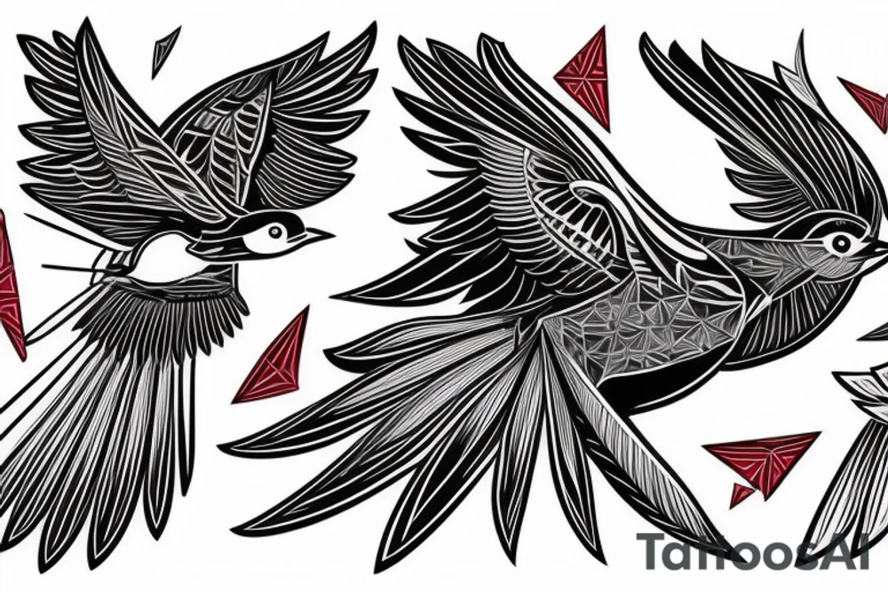 sketch geometric style robin bird mid-flight with spread wings, dynamic, small amount of red accent tattoo idea