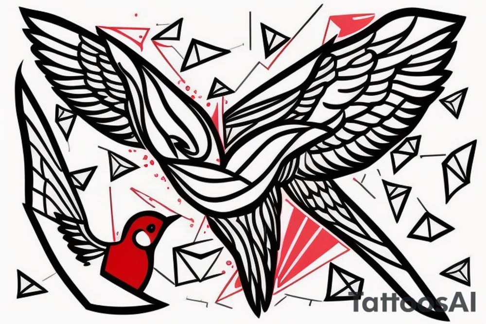 sketch geometric style robin bird mid-flight with spread wings, dynamic, small amount of red accent tattoo idea
