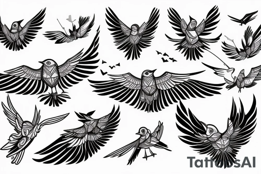 sketch geometric style robin bird mid-flight with spread wings, dynamic, small amount of red accent tattoo idea