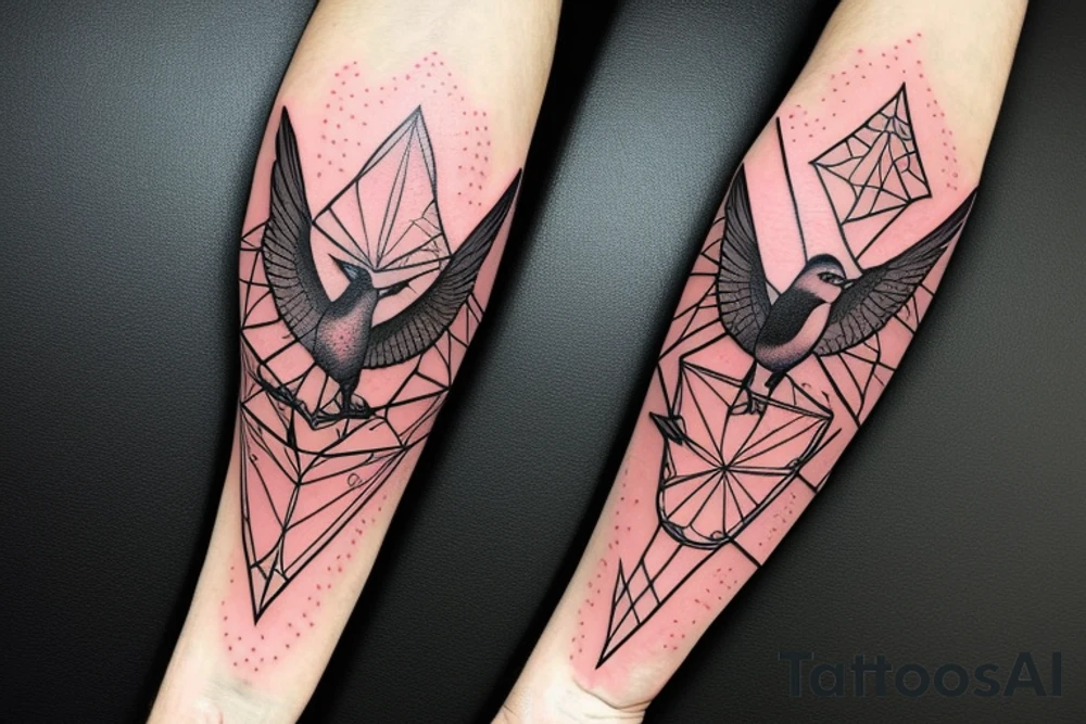 sketch geometric style robin bird mid-flight with spread wings, dynamic, small amount of red accent tattoo idea