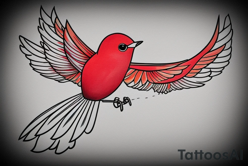sketch geometric style robin bird mid-flight with spread wings, dynamic, small amount of red accent tattoo idea