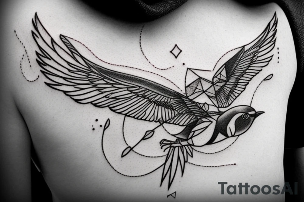 sketch geometric style robin bird mid-flight with spread wings, dynamic, small amount of red accent tattoo idea