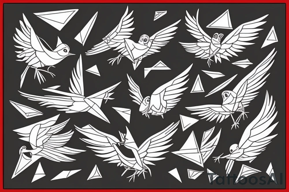 sketch geometric style robin bird mid-flight with spread wings, dynamic, small amount of red accent tattoo idea
