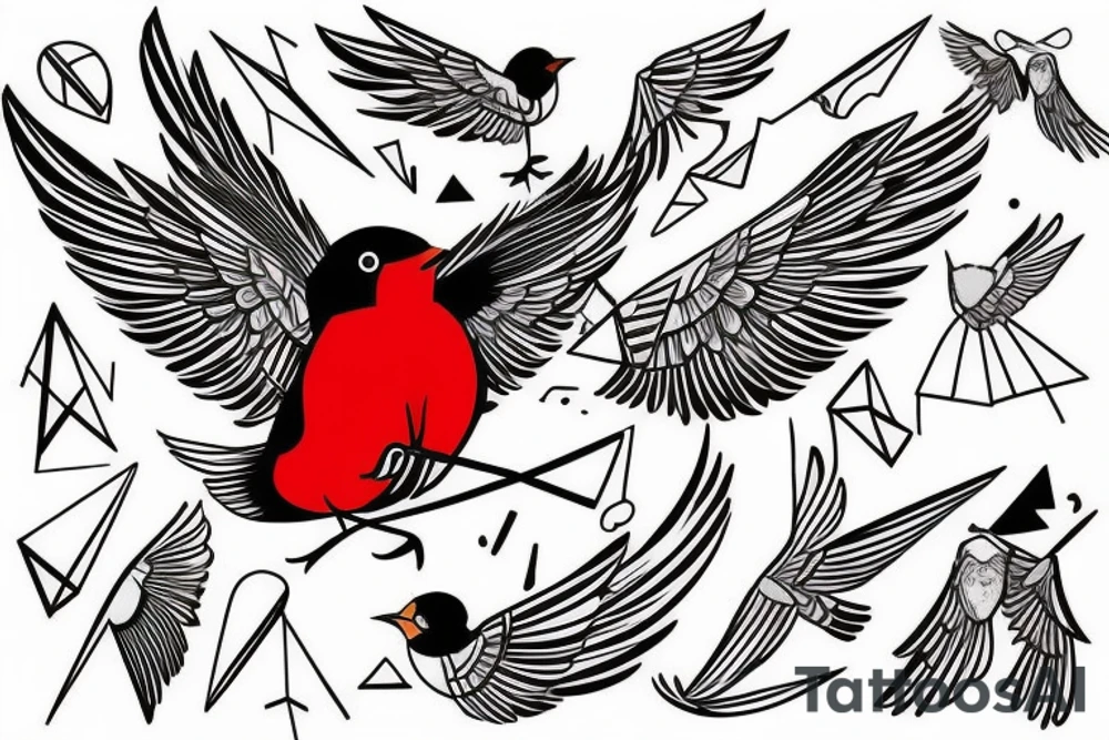 sketch geometric style robin bird mid-flight with spread wings, dynamic, small amount of red accent tattoo idea