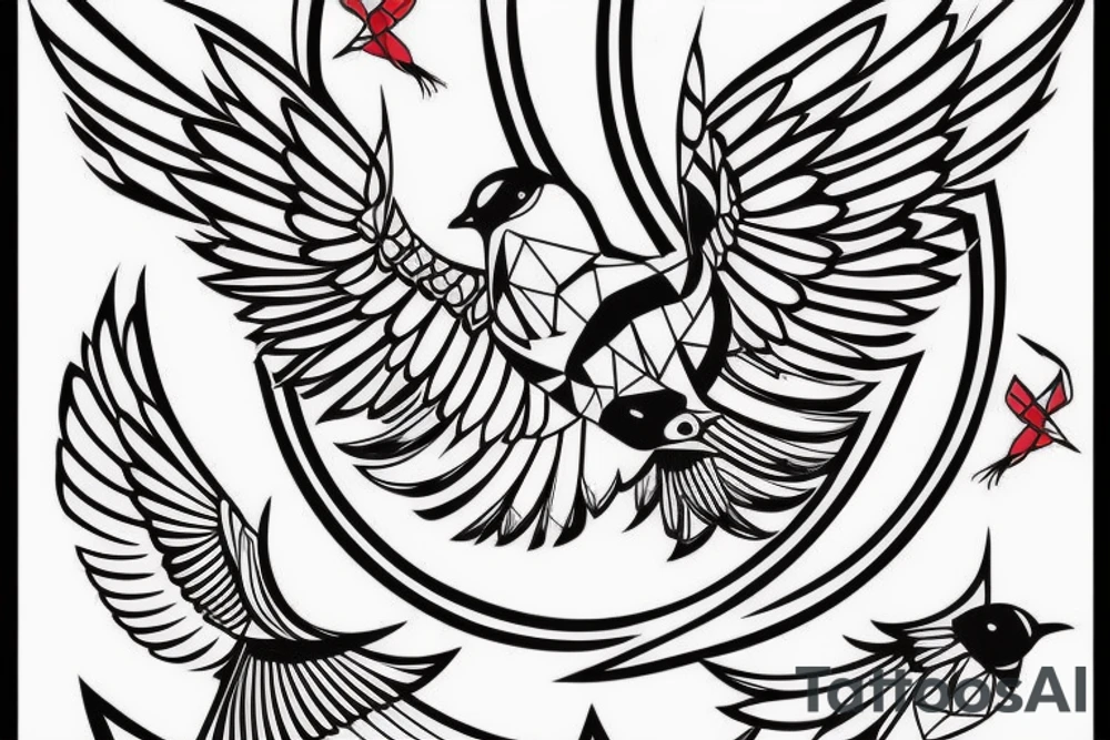 sketch geometric style robin bird mid-flight with spread wings, dynamic, small amount of red accent tattoo idea