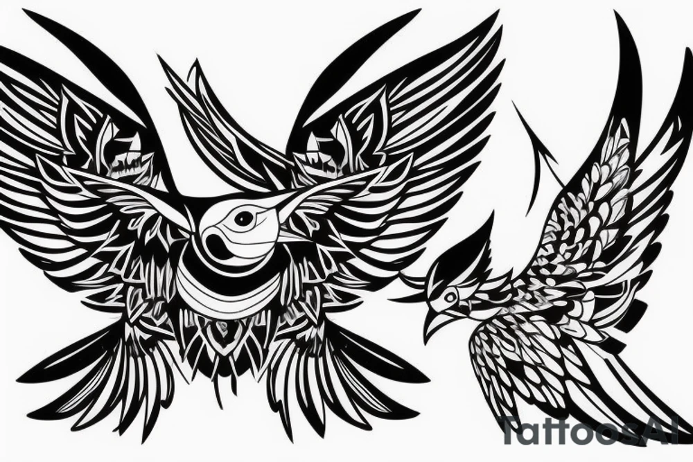 sketch geometric style robin bird mid-flight with spread wings, dynamic, small amount of red accent tattoo idea