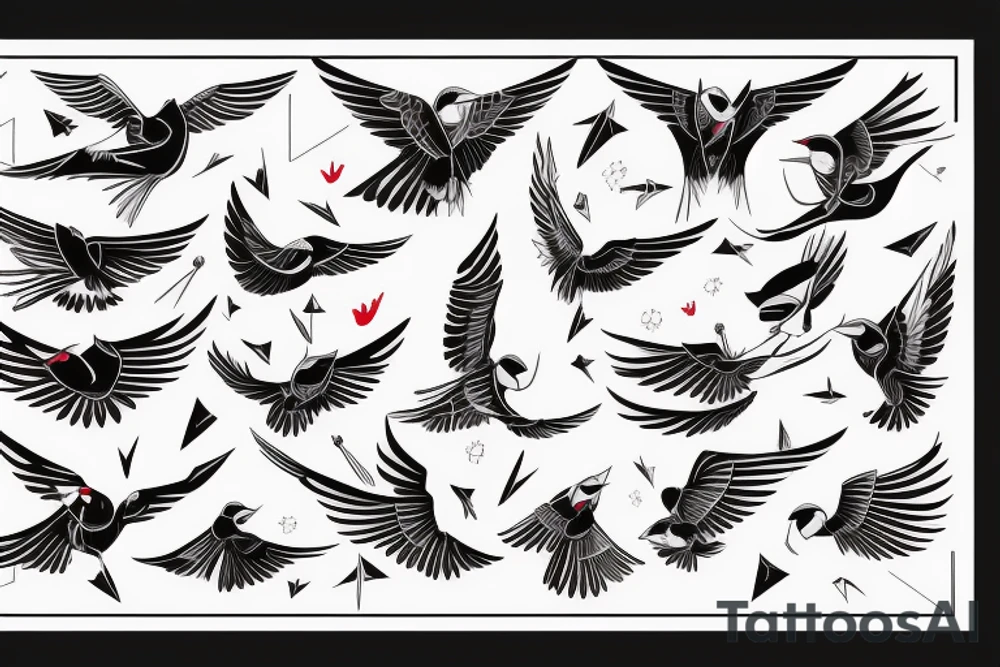 sketch geometric style robin bird mid-flight with spread wings, dynamic, small amount of red accent tattoo idea