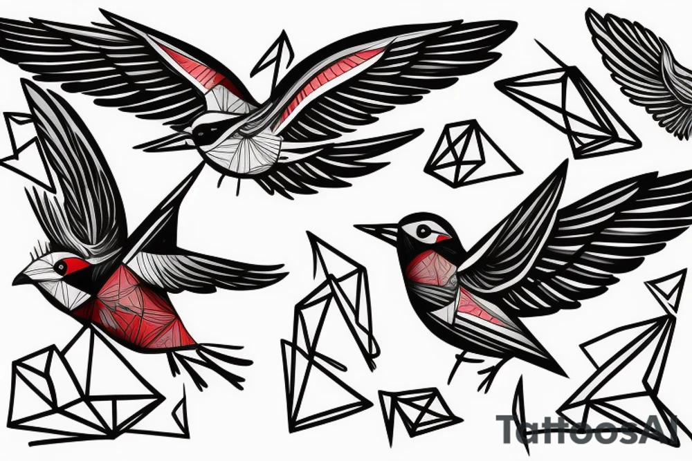sketch geometric style robin bird mid-flight with spread wings, dynamic, small amount of red accent tattoo idea