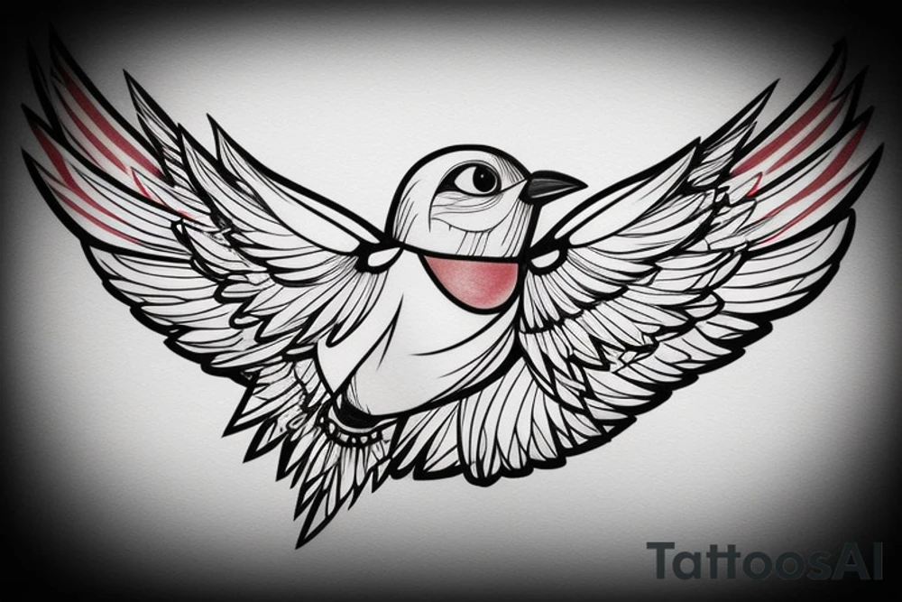 sketch geometric style robin bird mid-flight with spread wings, dynamic, small amount of red accent tattoo idea