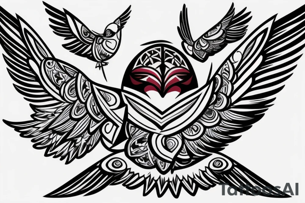 sketch geometric style robin bird mid-flight with spread wings, dynamic, small amount of red accent tattoo idea