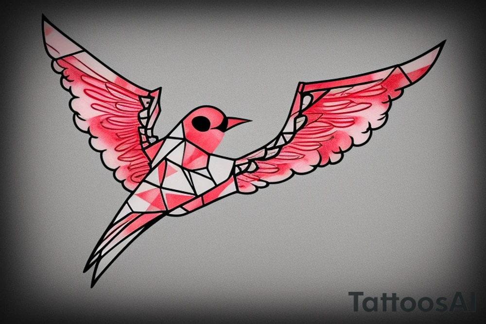 sketch geometric style robin bird mid-flight with spread wings, dynamic, small amount of red accent tattoo idea