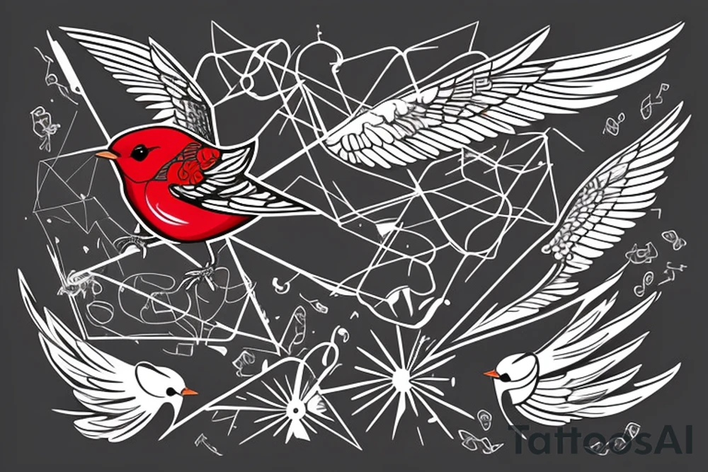 sketch geometric style robin bird mid-flight with spread wings, dynamic, small amount of red accent tattoo idea