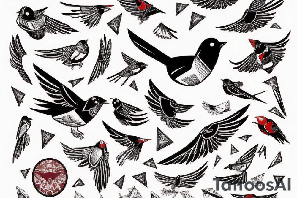 sketch geometric style robin bird mid-flight with spread wings, dynamic, small amount of red accent tattoo idea