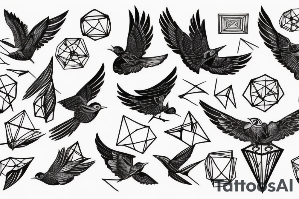 sketch geometric style robin bird mid-flight with spread wings, dynamic, small amount of red accent tattoo idea
