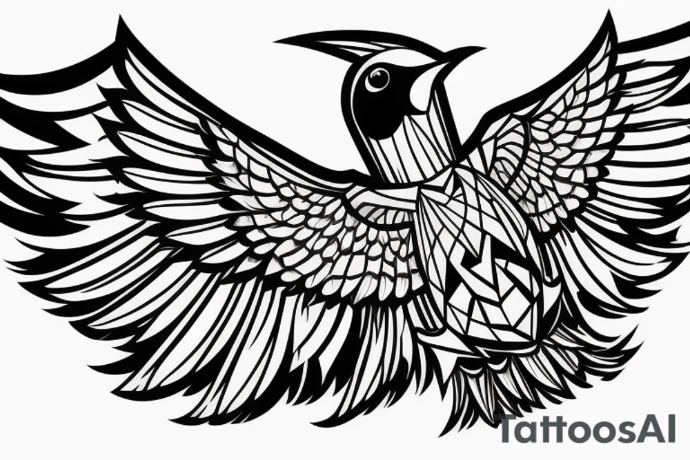 sketch geometric style robin bird mid-flight with spread wings, dynamic, small amount of red accent tattoo idea