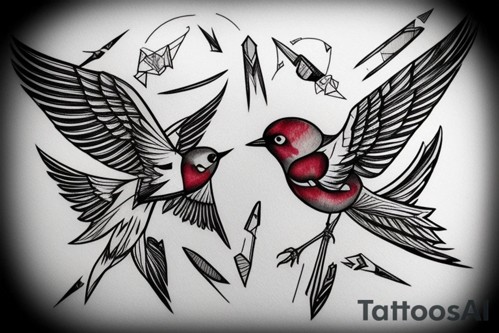 sketch geometric style robin bird mid-flight with spread wings, dynamic, small amount of red accent tattoo idea