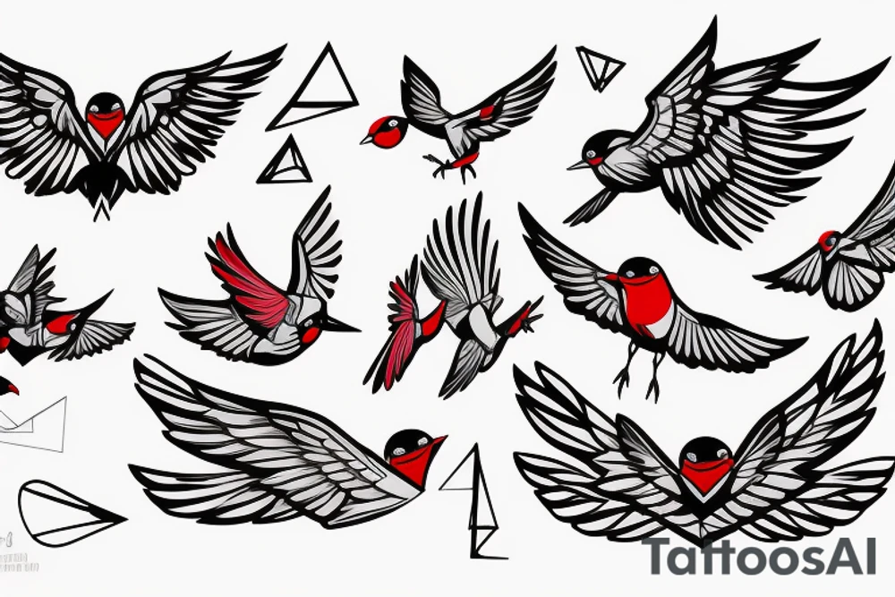 sketch geometric style robin bird mid-flight with spread wings, dynamic, small amount of red accent tattoo idea