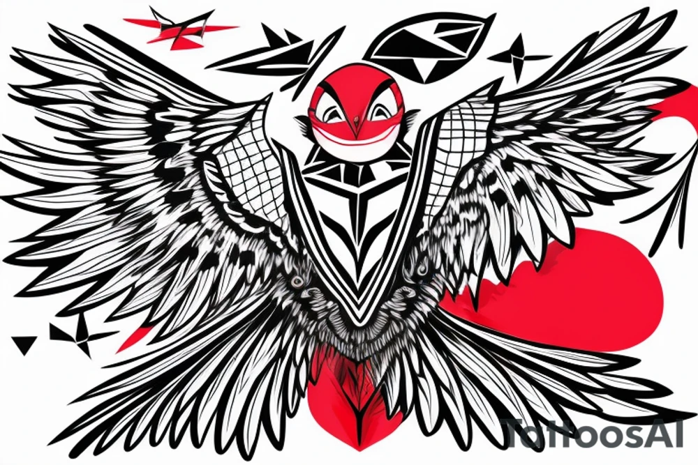 sketch geometric style robin bird mid-flight with spread wings, dynamic, small amount of red accent tattoo idea