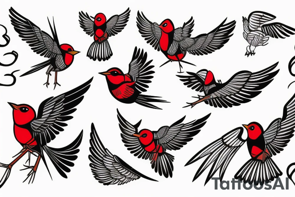 sketch geometric style robin bird mid-flight with spread wings, dynamic, small amount of red accent tattoo idea