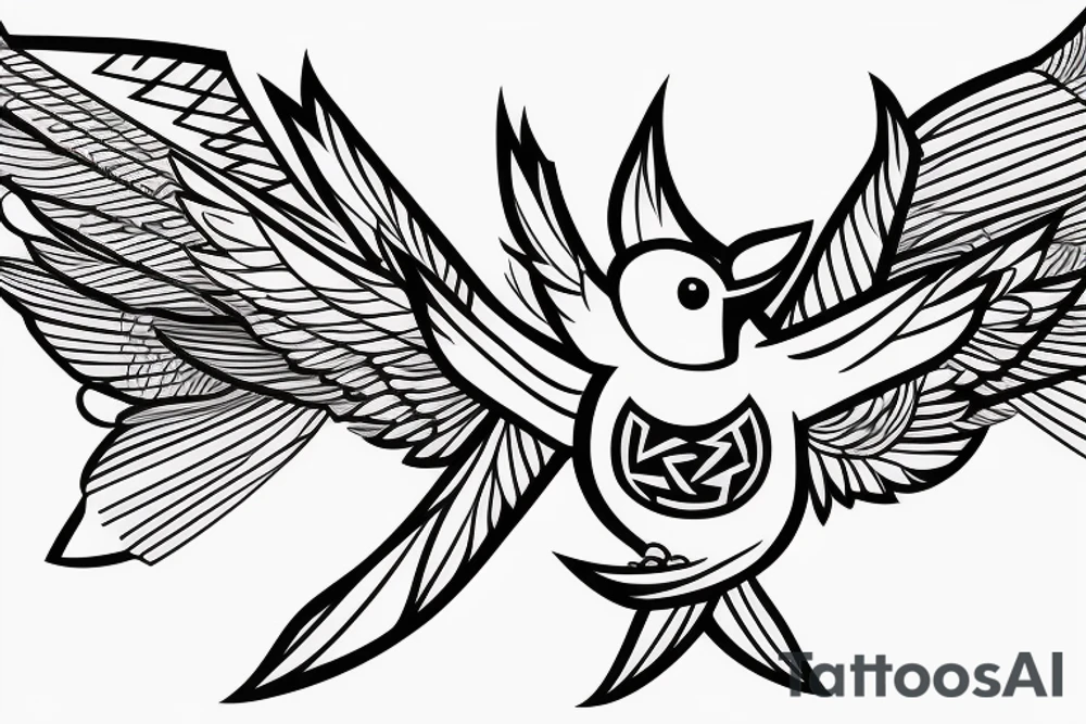 sketch geometric style robin bird mid-flight with spread wings, dynamic, small amount of red accent tattoo idea